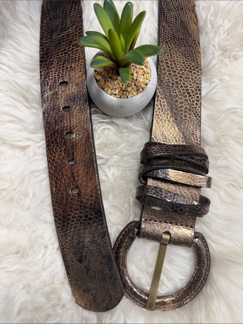 ColdwaterCreek Python-Embossed Bronze Metallic LEATHER XL BELT 1.75”wide NWOT